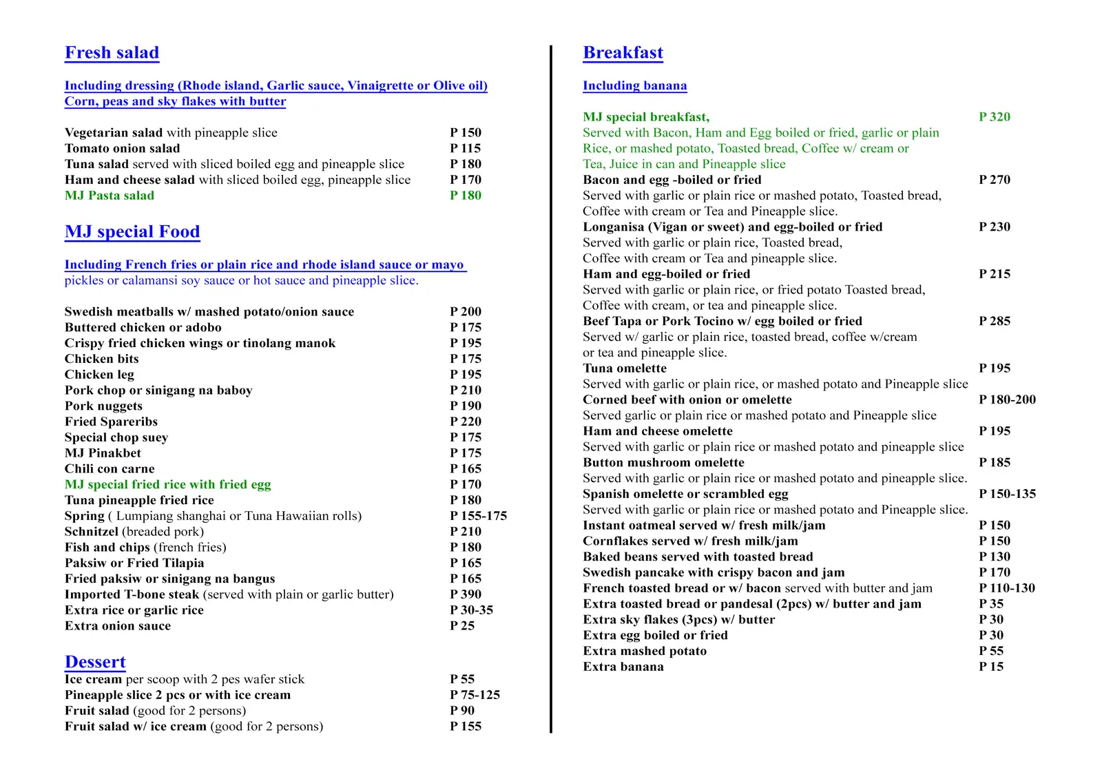 MJ Cottages menu back sheet