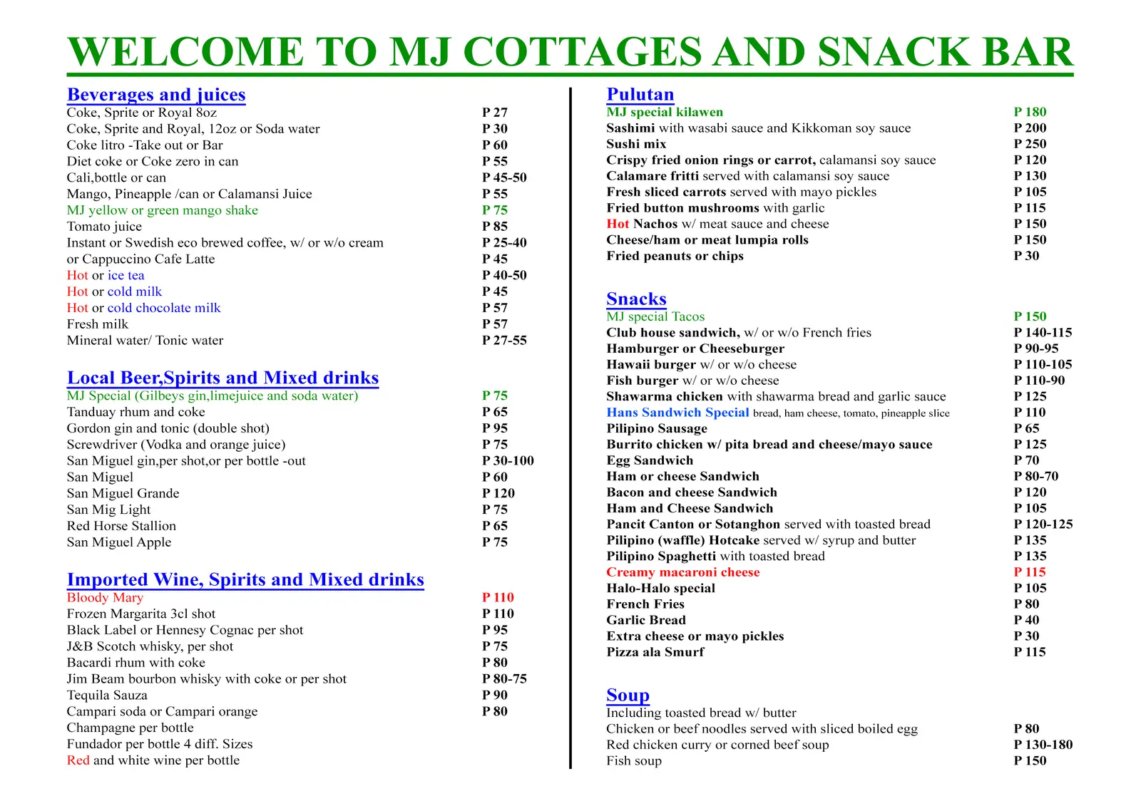 MJ Cottages menu front sheet